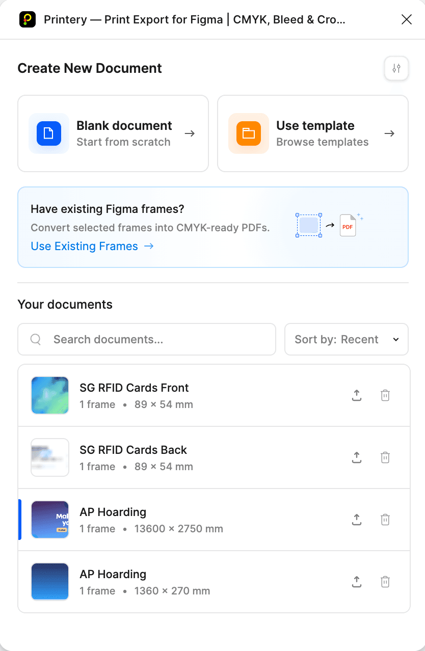 Printery plugin home screen for creating print-ready Figma documents