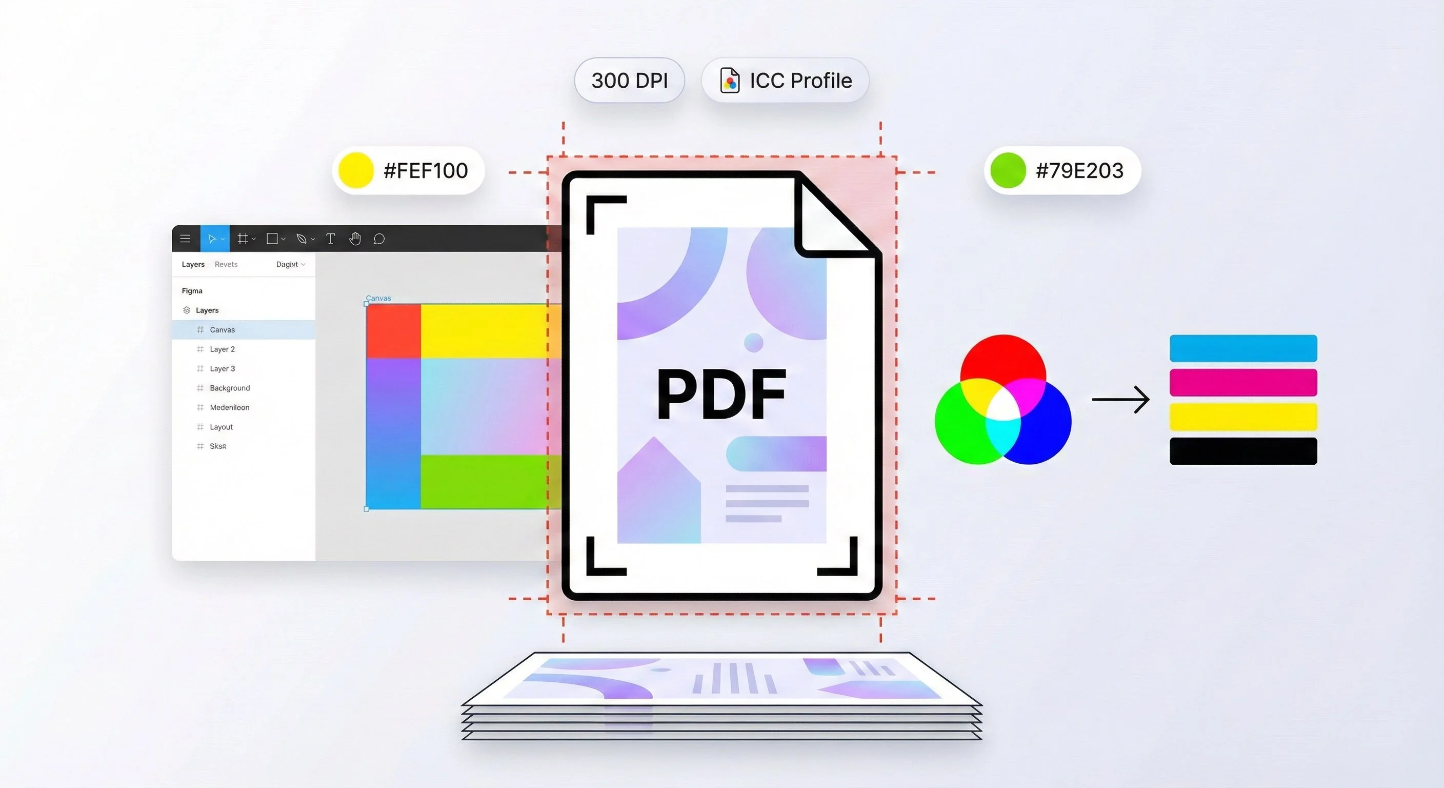 Figma to print-ready PDF workflow illustration showing design frames transforming into documents with crop marks and CMYK colors