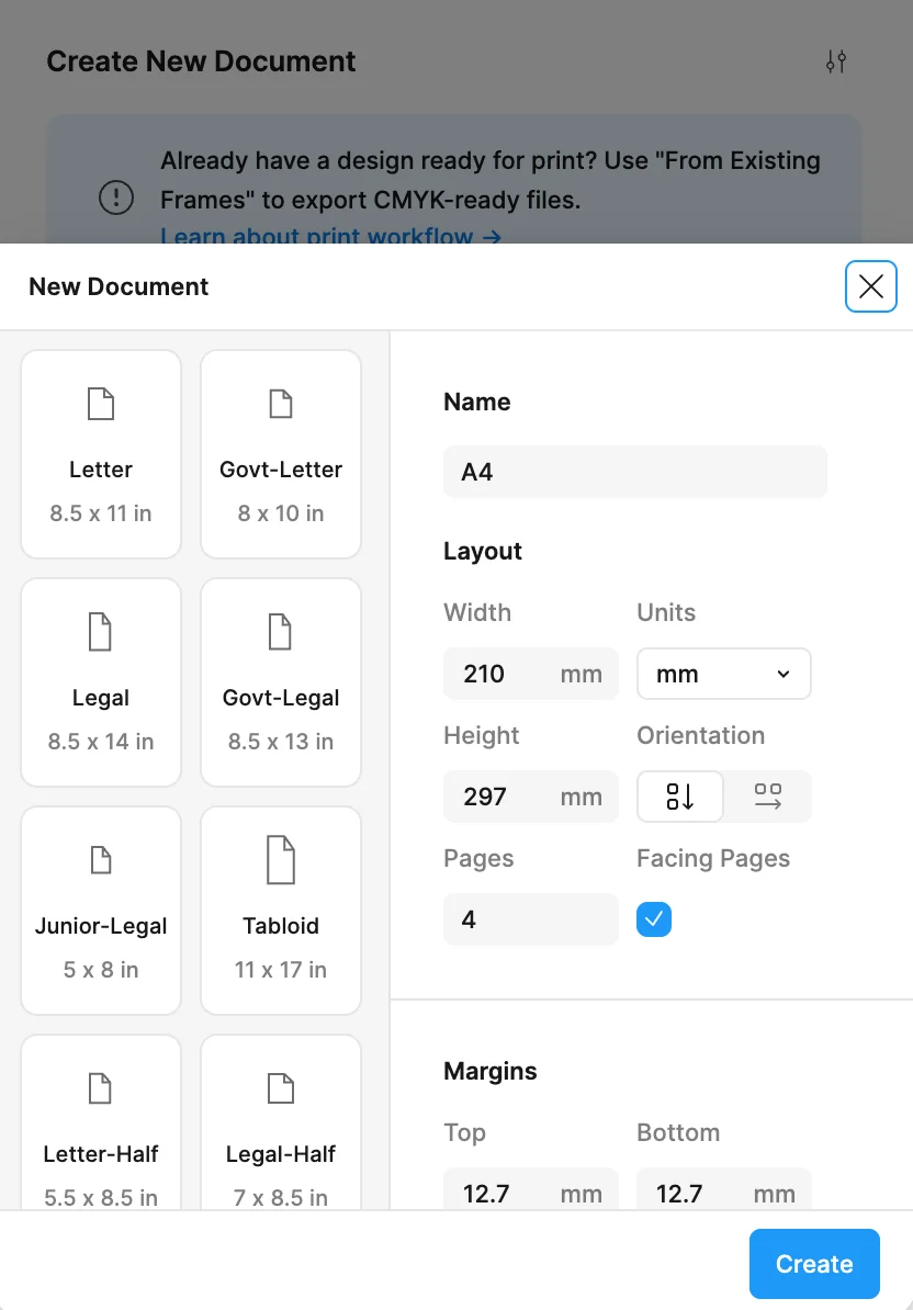Step 1: Create print document in Figma with Printery - set paper size and orientation