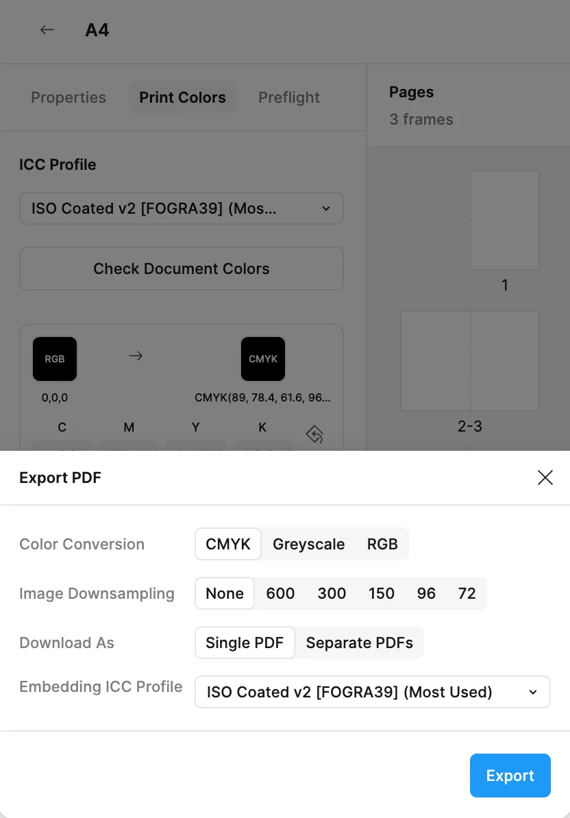 Step 3: Export print-ready CMYK PDF from Figma with ICC profiles and crop marks