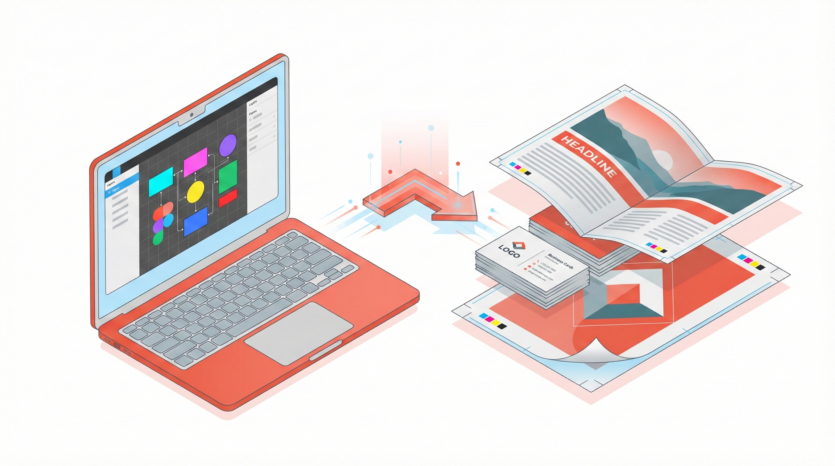 Illustration showing the bridge from Figma screen design to professional print production