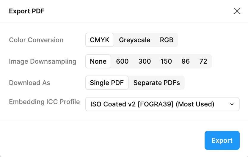 Printery PDF export modal in Figma showing CMYK, bleed, and DPI settings