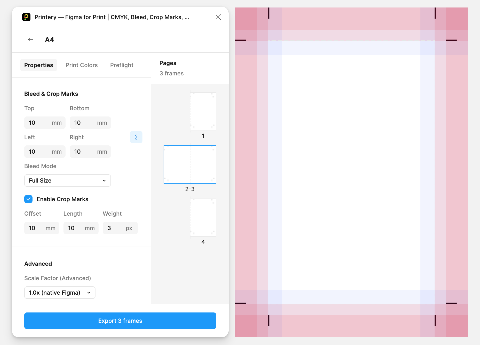 Printery bleed and crop mark settings in Figma
