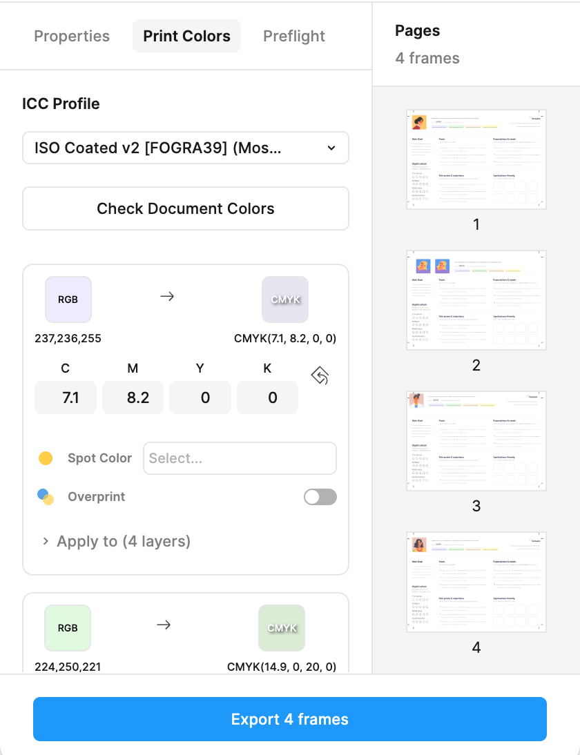 Printery CMYK color conversion settings in Figma